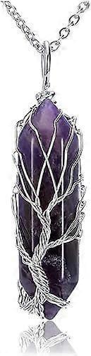 Silver-tone wire-wrapped purple crystal pendant necklace with chain and tree of life design