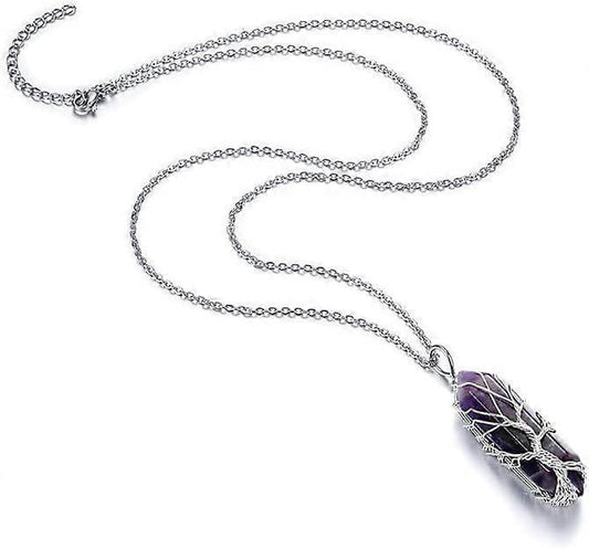 Silver-tone chain necklace with wire-wrapped purple crystal point pendant