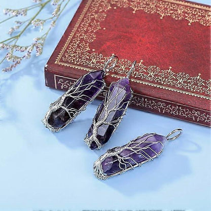 Natural Healing Crystal Stone Necklace Silver Tree Of Life Wire Wrapped Hexagonal Crystal Points Pendant Necklace for Women