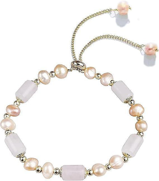 Gold-tone pearl and jade bead bracelet with rectangular pale stone links