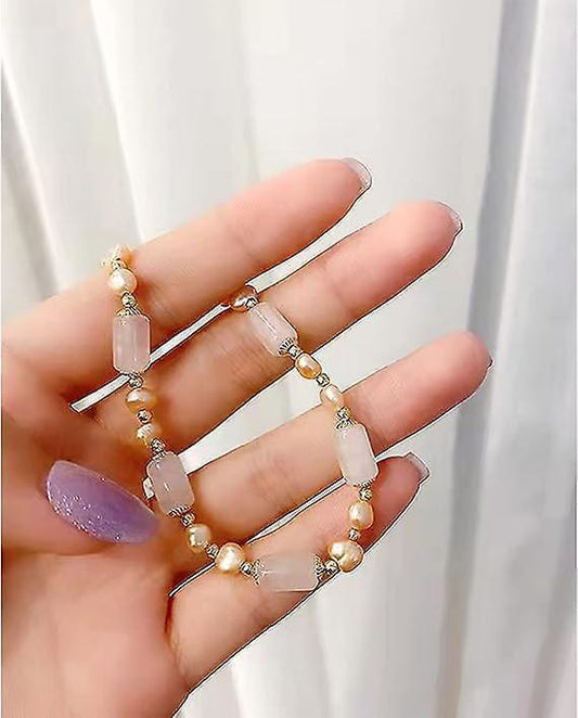 Jade and pearl bead bracelet with gold-tone spacers and rectangular jade bar charms