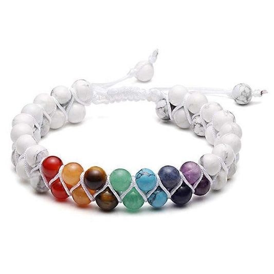 White bead chakra bracelet with rainbow stone row and adjustable macrame cord