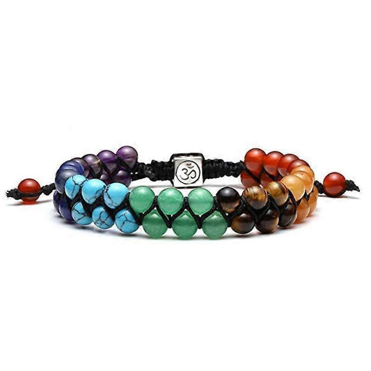 Multicolor beaded chakra bracelet with black cord and heart and round crystal beads