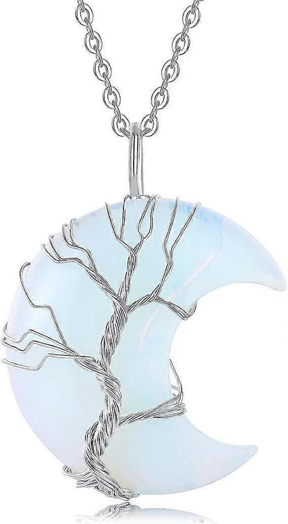Tree of Life Wire Wrapped Crescent Moon Pendant Necklace Reiki Healing Crystal Stone Necklaces Natural Gemstone Quartz Jewelry for Women