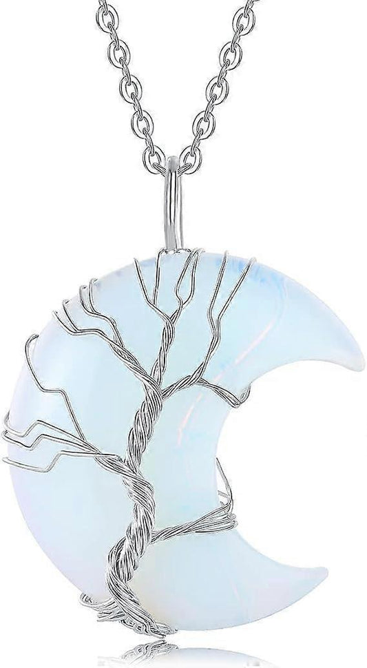 Opal-blue crescent moon pendant necklace with wire-wrapped tree of life on silver chain