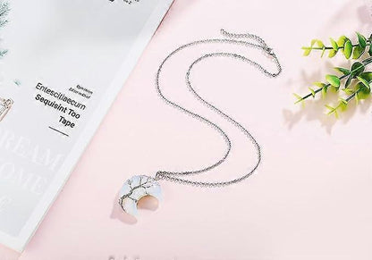 Tree of Life Wire Wrapped Crescent Moon Pendant Necklace Reiki Healing Crystal Stone Necklaces Natural Gemstone Quartz Jewelry for Women