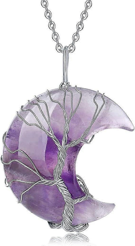 Purple crescent moon wire-wrapped pendant necklace with tree-of-life detail