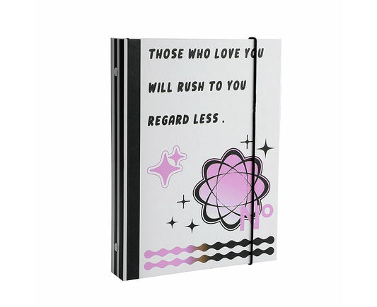 White photo album with black spine, 6-hole loose-leaf, graphic star and text cover