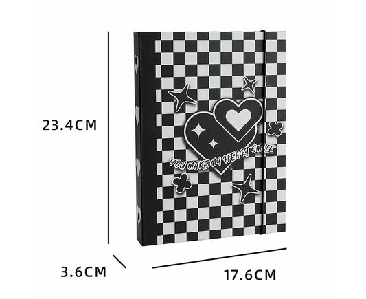 Black-and-white checker photo album cover with heart, stars, and loose-leaf binder