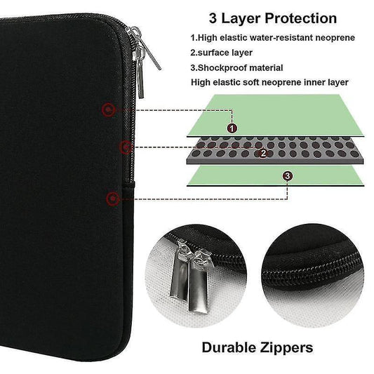 Black laptop sleeve case with visible zipper and textured edge detailing.