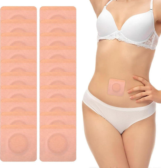 Castor oil belly button patch, tan square with circular center, disposable adhesive