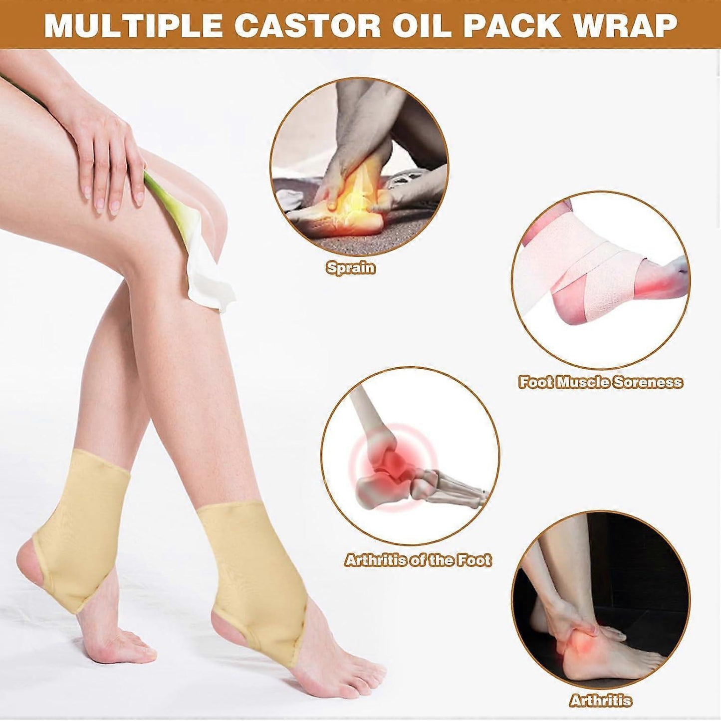 2Pcs Organic Castor Oil Pack Wrap for Feet, Castor Pack Castor Oil Foot Wrap, Reusable Castor Oil Wrap with Hook and Loop, (Castor Oil Not Included)