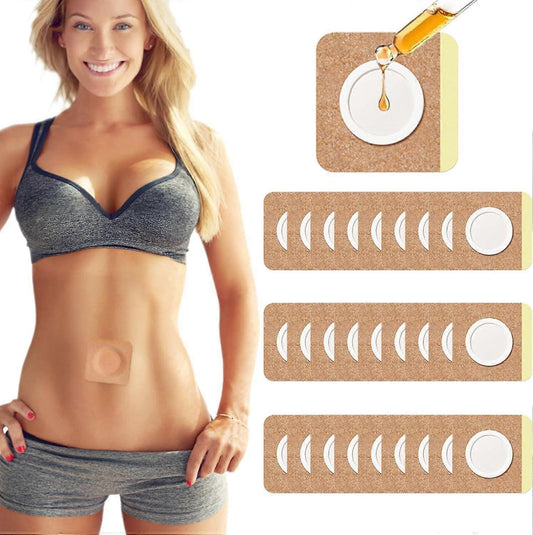 Belly button patch on model's abdomen with dark cotton wrap