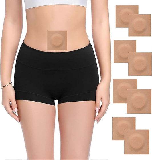 Disposable belly button castor oil wrap patch on underwear, beige adhesive square