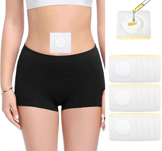 Disposable belly button wrap with single adhesive patch, dark fabric shorts