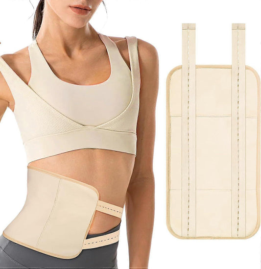 Beige castor oil pack wrap with adjustable elastic straps, curved abdominal fit