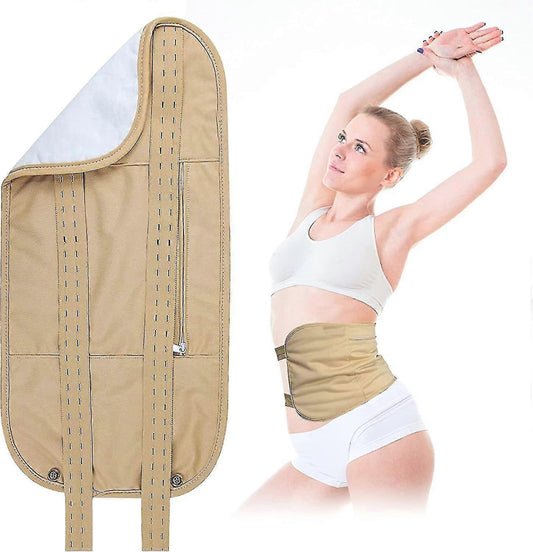 Reusable castor oil pack wrap, beige fabric with adjustable tie and button closure