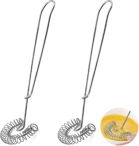 Stainless steel spiral whisk set with two curved handles and coiled wire beaters