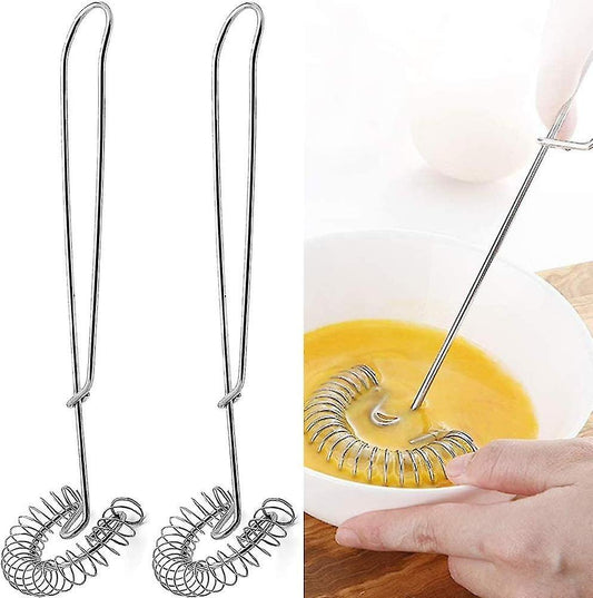 Stainless steel spiral whisk pair with loop beaters on long curved handles
