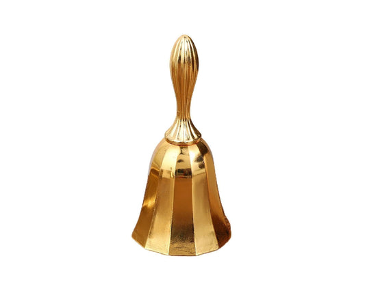 Golden metal hand bell with fluted top and wide base