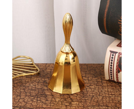 Golden portable call hand bell with ribbed top and flared base