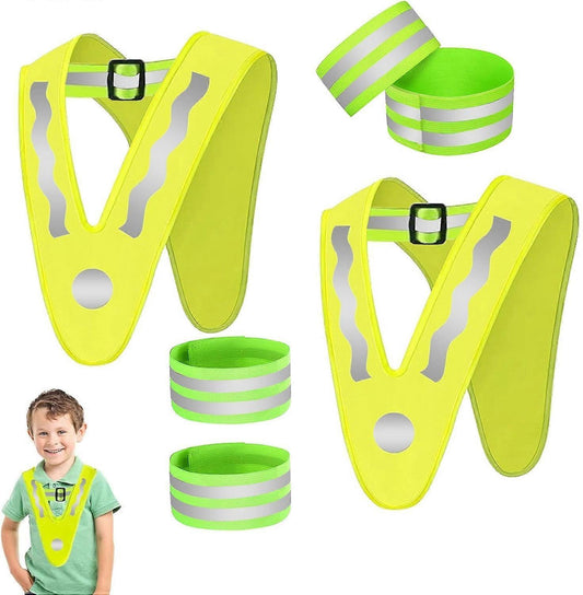 Neon yellow-green reflective baby vest with adjustable black buckle and circular snap