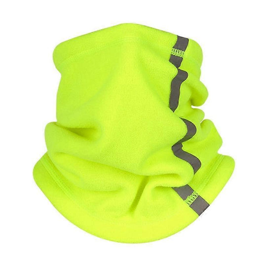 Neon yellow reflective neck gaiter with gray stripes, soft fleece