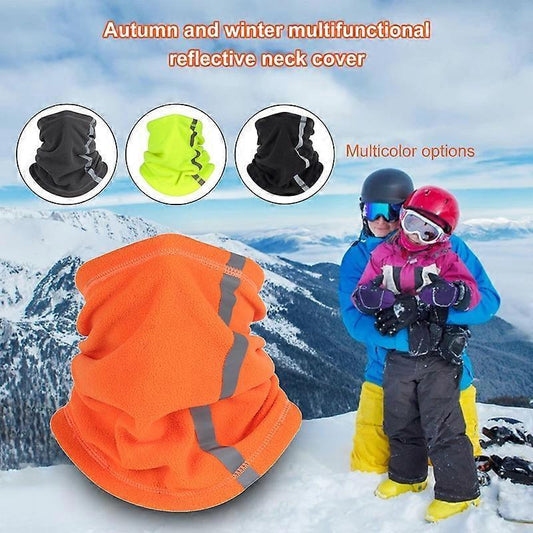 Reflective neck gaiter in orange with gray reflective stripes, soft fleece