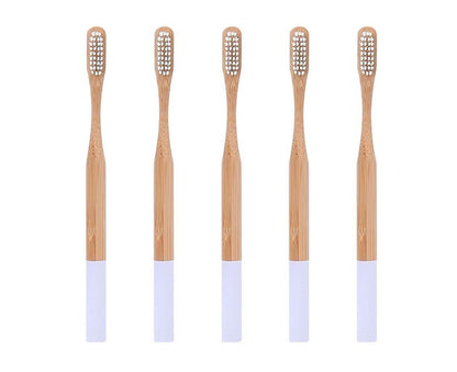 5Pcs Round Bamboo Handle Home Travel Adult Soft Bristles Dental Care Toothbrush-White