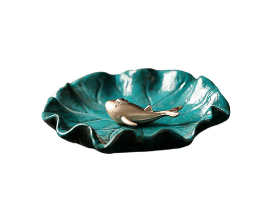 Ceramic lotus incense burner with teal bowl and brass-like holder dish