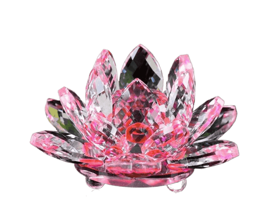 Pink crystal lotus ornament with faceted petals and central ring holder