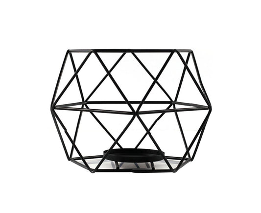 Black geometric metal candle holder with open lattice diamond frame