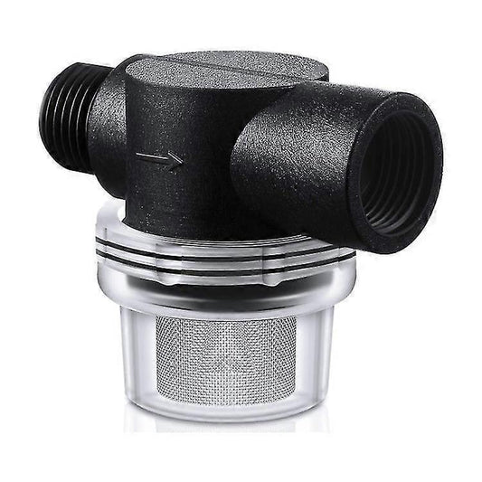 Universal water pump filter with stainless pre-filter, black housing and metal mesh basket