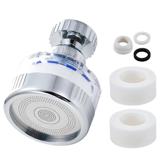 Faucet water filter aerator with two white cartridges and O-ring seals