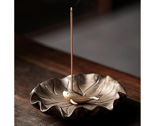 Lotus leaf mini incense holder with lit incense stick and central burner bowl