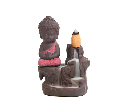 Small Buddha backflow incense burner, gray monk with pink robe, rear incense cone