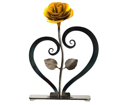 Desk statue decor featuring a yellow rose and black heart scroll design on stand