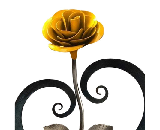 Desk statue decor close-up of yellow rose top with black heart scroll frame