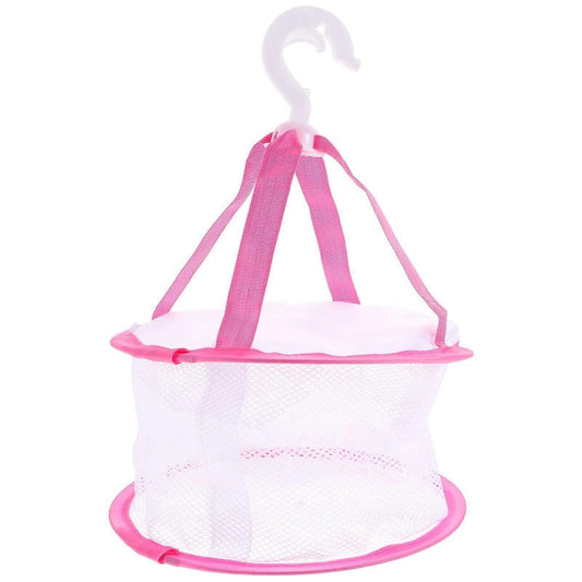 White mesh flat drying net with pink straps for makeup puffs and brushes