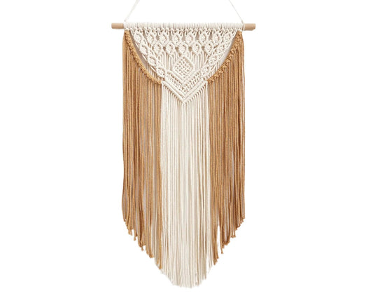 Macrame wall tapestry with cream lace top and long tan fringe strands