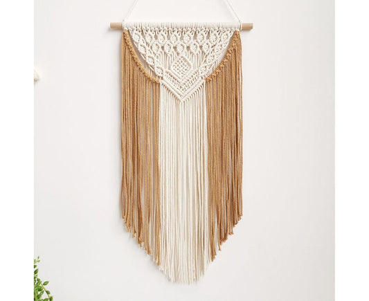 Boho macrame wall hanging with diamond lace panel and tan-and-cream fringe