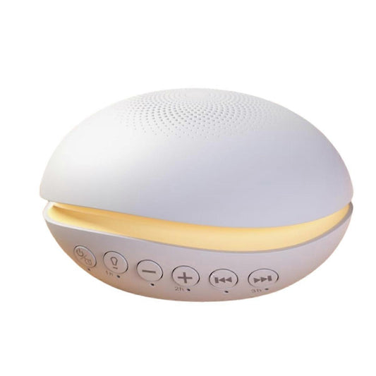 Portable white noise machine with white dome, yellow trim, and control buttons