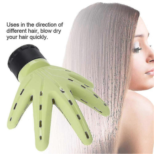 Light green hair dryer diffuser attachment with vented fingers near hair strands.