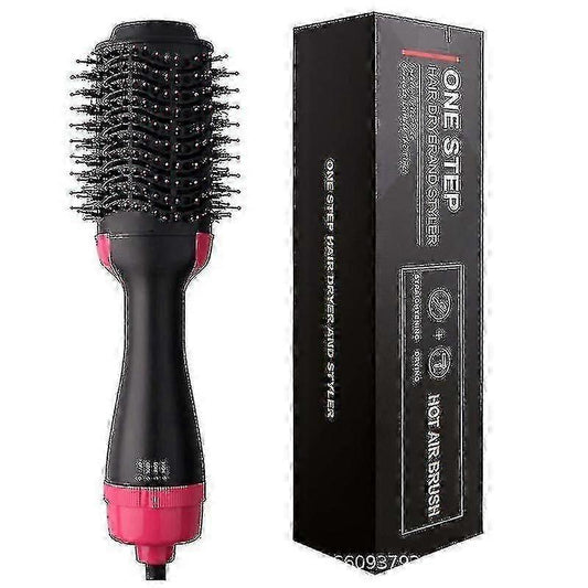 Hair dryer brush with black barrel and round spiked bristles, pink base