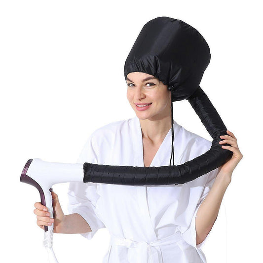 Black hair dryer cap with hood and long flexible hose for styling