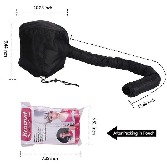 Black hair dryer cap hood with long flexible hose and drawstring cord