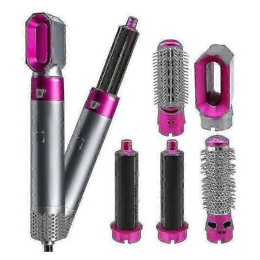5-in-1 hair styling tool with pink and silver brush attachments, multiple barrel heads