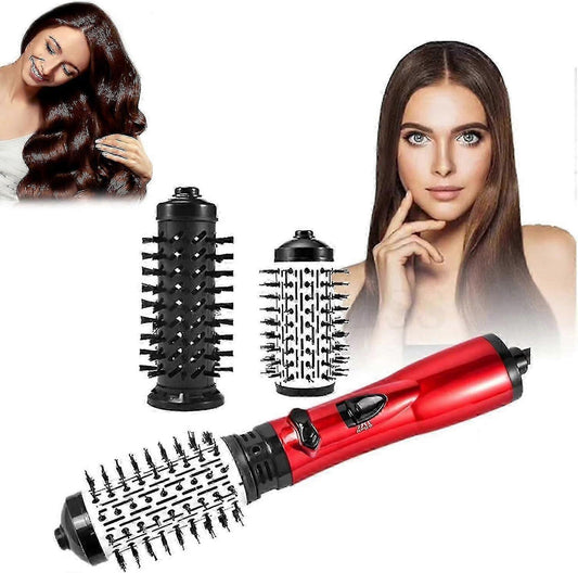 Red rotating hot air hair styler with black brush attachments and handle