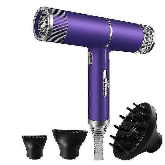 Purple ionic hair dryer with concentrator nozzle, diffuser, and styling attachments