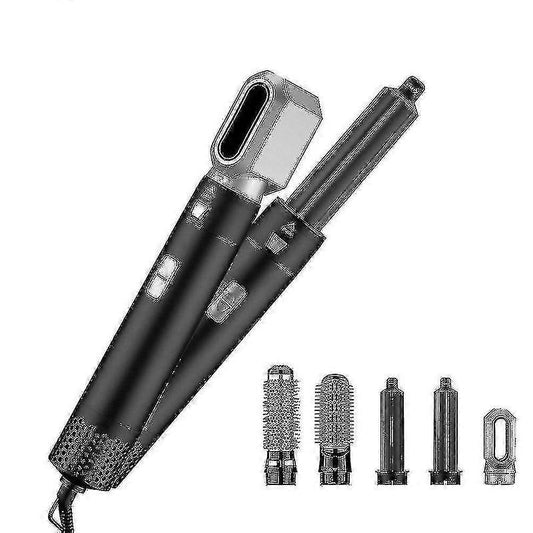 Black 5-in-1 hair styling brush tool with vented nozzle and attachments